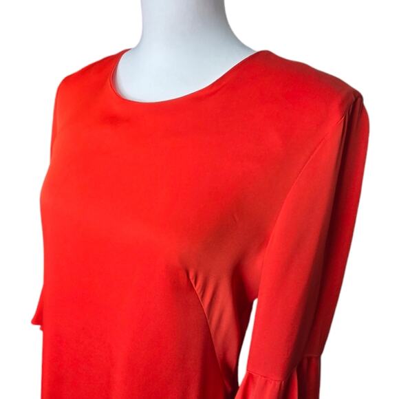Milly Bell Sleeve Silk Blend‎ Stretch Crepe Midi Shift Dress Flame Orange Size 8 - Picture 4 of 11